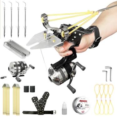 Imagem de TIETHEKNOT Conjunto de estilingue de pesca para caça ao ar livre – estilingue versátil com carretel de aço inoxidável, dardos de peixe e placa de fenda de linha, alternável entre modos de pesca e