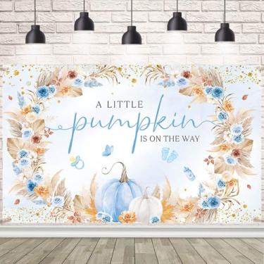 Imagem de AIBIIN Pano de fundo de chá de bebê de abóbora para meninos A Little Sweet Pumpkin is On The Way azul floral It's a Boy Baby Shower Background Fall Party Decorações Banner Photo Booth 179,8 x 110 cm