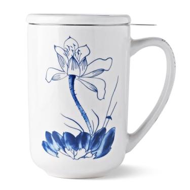 Imagem de AmorArc Caneca de chá de porcelana com infusor e tampas, coador grande de 510 g com suporte de saco para chá de folhas soltas, caneca de café de imersão para presente de aniversário de casamento