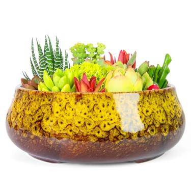 Imagem de ARTKETTY Vasos de suculentas - vasos de bonsai de cerâmica de 19 cm com drenagem, grandes vasos de suculentas rasas para plantas de interior, recipiente redondo de cacto esmaltado para plantas de