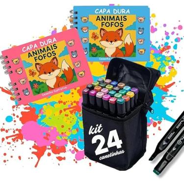 Imagem de Kit Livro de Colorir + Canetinhas Coloridas Ponta Dupla 24 Cores | Marcadores com Ponta Fina e Pincel para Desenho, Pintura, Caligrafia, Lettering, Scrapbook, Diário, Escola e Escritório