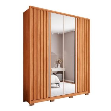 Imagem de Guarda-Roupa Solteiro com Espelho New Apollo Ripado 4 Portas 3 Gavetas Freijó e Off White