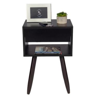Imagem de Mesa Cabeceira Preto Retro 60Cm Altura Pés Marrom Escuro - Fl Decor