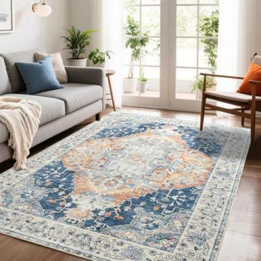 Imagem de Tapetes de área 10 x 15 cm para sala de estar, quarto, tapetes vintage laváveis - Tapetes macios desgastados de pilha baixa para cozinha, sala de jantar, não cai, azul e laranja