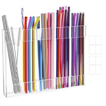 Imagem de Suporte de canudo de acrílico para porta de armário, organizador de palha de 24 cm para armário com fita dupla face, dispensador de rack de armazenamento reutilizável atualizado para armário de