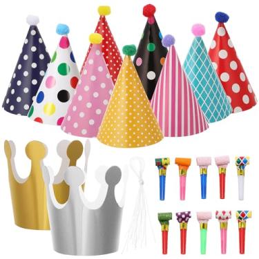 Imagem de Beaupretty 1 Conjunto de Chapéus Coloridos para Festa de Aniversário, Chapéus Cônicos Com Coroas de Papel E Sopradores, Decorações Divertidas para Festas de Fim de Ano para Meninos E