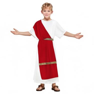 Imagem de MCJC Fantasia de deus grego Toga para crianças, vestido nobre romano com cinto dourado, branco e vermelho, cosplay de Halloween, Vermelho, P