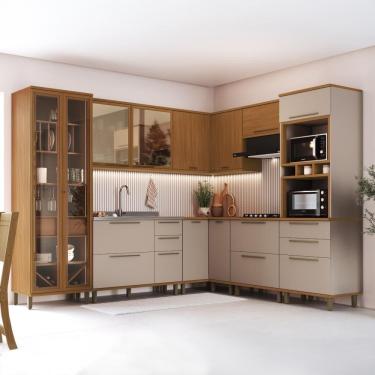 Imagem de Cozinha Modulada Completa Fidelitá Barcelona 8 Peças 524cm 16 Portas 5 Gavetas Sem Tampo Freijó/Camurça