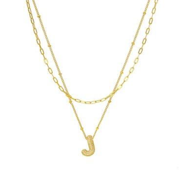 Imagem de Tasunom Colar com inicial de camada dupla, banhado a ouro 14K, pingente de letra de cristal CZ disponível, A-Z, Medium, Latão, Sem Pedra Preciosa