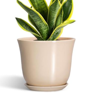 Imagem de SUNPOTFOR Vaso de plantas de 20 cm - vasos de cerâmica para plantas internas e externas, vasos de flores redondos com orifício de drenagem e pires, vasos decorativos modernos, decoração de sala de