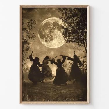 Imagem de Pintura de lua vintage mulher dançando em tela gótica paisagem pôster vintage imagens de floresta lua paisagem arte de parede arte escura academia arte gótica floresta impressão Moody Woman pintura
