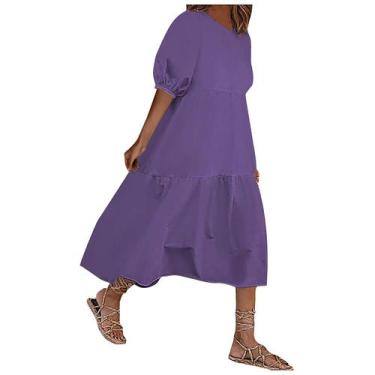 Imagem de Moda Feminina Solta Cor Sólida O-neck Puff Sleeve Vestido Casual de Ma