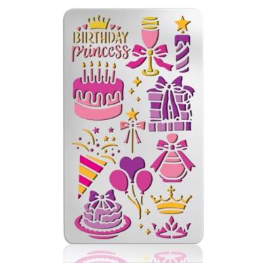 Imagem de UNICRAFTALE Estêncil de metal para festa de aniversário de princesa, retrô, de aço inoxidável, modelo de tema de aniversário, reutilizável, estêncil de etiqueta para fazer cartões, faça você mesmo