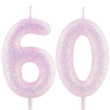 Imagem de Cxryrzhe Vela de aniversário de 60 anos, número 60, velas iridescentes rosa e roxa, enfeite de bolo para meninas, mulheres, artigos de decoração de festa de aniversário