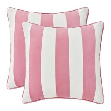 Imagem de MONDAY MOOSE Capas de almofada decorativas, conjunto de 2 designs de borda listrada de veludo macio, enchimentos de travesseiro não incluídos (rosa claro/branco, 40,6 x 40,6 cm)