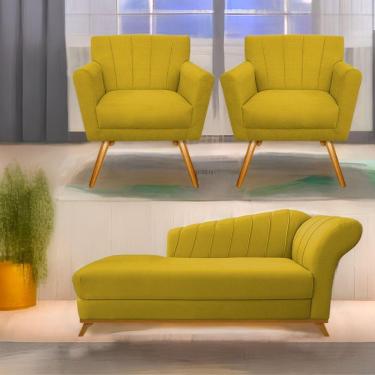 Imagem de Kit Diva Recamier Vanessa 160Cm Lado Esquerdo E 02 Poltronas Laura Suede Cor Amarelo