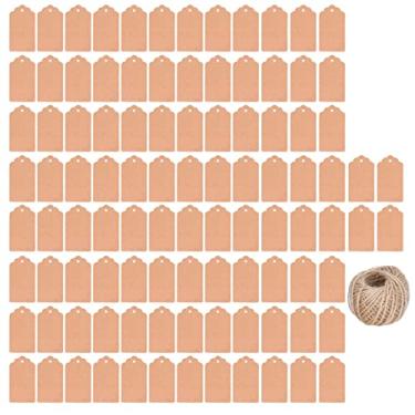 Imagem de 100 peças etiquetas de roupas dupla face papel kraft diy artesanato etiqueta de presente com 30m fio de juta para casamento natal ação de graças (Cor Madeira)