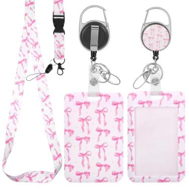 Imagem de LXUEJIE 1 cordão de laço, suporte de crachá de identificação rosa com cordões removíveis, clipe de carretel retrátil, cordão de professor com clipe de suporte, porta-cartões de identificação para