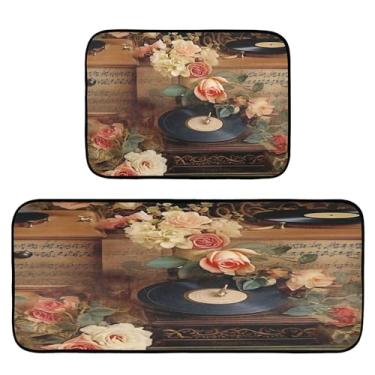 Imagem de xigua Conjunto de 2 peças de tapetes e tapetes de cozinha vintage para toca-discos e tapetes de cozinha absorventes macios para chão, tapete de cozinha antiderrapante, 50 x 120 cm + 50 x 70 cm