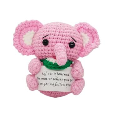 Imagem de Elefante rosa positivo de crochê feito à mão com cartão - Animal de pelúcia de apoio emocional, presente motivacional para amigos, colegas de trabalho, professores