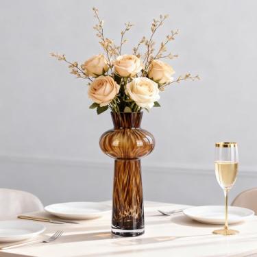 Imagem de Vaso de vidro de tartaruga alta para decoração de casa, vaso decorativo com estampa de leopardo marrom âmbar moderno, peça central de vidro artístico para mesa de jantar, entrada ou exibição de sala