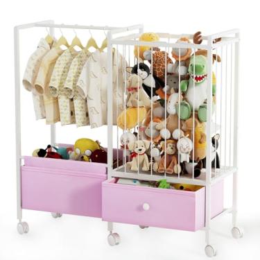 Imagem de Orekemo Armazenamento de animais de pelúcia com rodas, rede 3 em 1 para animais de pelúcia com rack de roupas infantis e organizador de brinquedos, suporte de brinquedo de pelúcia com gaveta de tecido