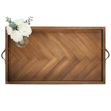 Imagem de Bandeja otomana extragrande retangular, bandejas de madeira de 81 x 45 cm com alças de couro, bandeja de armazenamento decorativa rústica para otomano