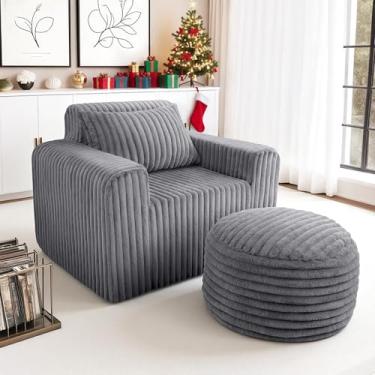 Imagem de HABUTWAY Cadeira pufe para adultos com travesseiro, poltronas gigantes com pufe, poltrona confortável com encosto alto e apoio de braço mais largo, espreguiçadeira interna para quarto e sala de estar