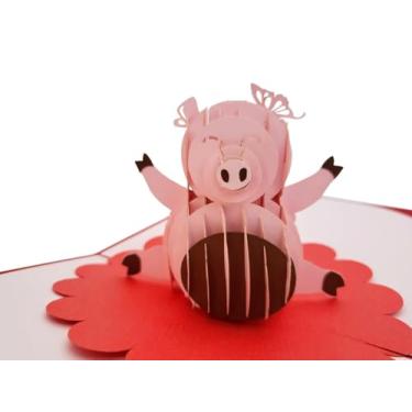 Imagem de iGifts And Cards Cartão de felicitações 3D Zodiac Lucky Pig Pop Up Happy Birthday Good Fortune Farm Animal Celebration for Friends Family Unissex-Adultos 15 x 15