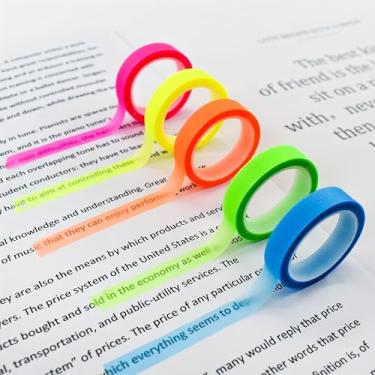 Imagem de 5 rolos de fita marca-texto transparente adesivos coloridos fluorescentes Macaron removíveis para aulas de leitura, 4 metros por rolo