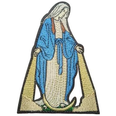 Imagem de Patch de Virgem Maria Católica Nossa Senhora Ícone Serpente Lua | Símbolo da Imaculada Conceição | Colete Religioso Jaqueta Mochila Artesanato DIY | Aplique bordado a ferro 7,6 cm x 10 cm