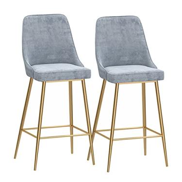 Imagem de Bancos de bar de metal, conjunto de 2 bancos altos de cozinha, cadeiras de veludo para café da manhã com encostos e pernas de metal dourado para bistrô, café, pub