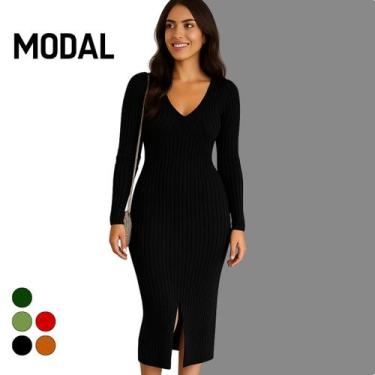 Imagem de Vestido Midi Tricot Canelado Manga Longa - Vitrine Collection, Preto, 