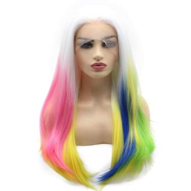 Imagem de Peruca de renda sintética longa reta branca rosa amarela colorida cosplay festa Halloween peruca