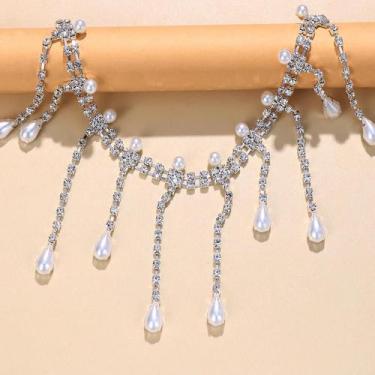 Imagem de Colar Choker Feminino Com Cristais De Rhinestone E Franjas De Pérolas,