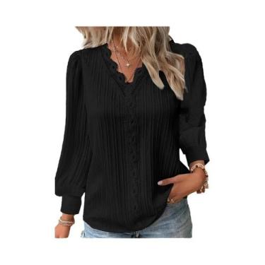 Imagem de Blusa Feminina Elegante De Chiffon Com Decote Em V, Manga Longa E Deta