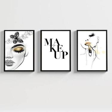 Imagem de Kit 3 Quadros Maquiagem 33x24cm - Vidro e Moldura Preta