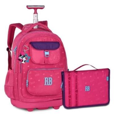 Imagem de Mochila Carrinho Com Estojo Fichario Grande Kit Escolar Premium-Feminino
