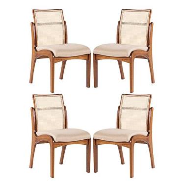 Imagem de Kit 4 Cadeiras de Jantar em Madeira Lisboa Encosto Rattan Estofada Lin