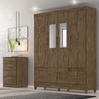 Imagem de Guarda Roupa Casal Ambiente Ms912 Com Espelho E Cômoda Ms913 Castanho Wood - Moval