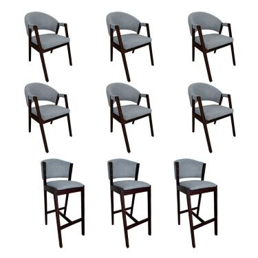 Imagem de Kit 6 Cadeiras Helen para Cozinha Planejada com 3 Banquetas Ana Madeira Maciça Castanho - Cinza