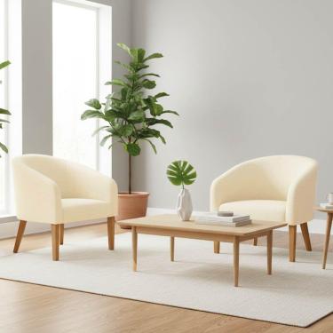 Imagem de Poltrona Sala Decorativa Kit 2 Stella Pé Madeira Trapézio Castanho Linho D03 - D'rossi Cor Bege