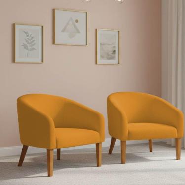 Imagem de Poltrona Sala Decorativa Kit 2 Stella Pé Madeira Trapézio Castanho Bouclê Mostarda D03 - D'rossi