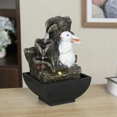 Imagem de Fonte de mesa de pedra em cascata, linda fonte de cachoeira interna com luzes LED coloridas e bola rolante, fonte de mesa de 3 camadas para escritório, casa, quarto (coelho)