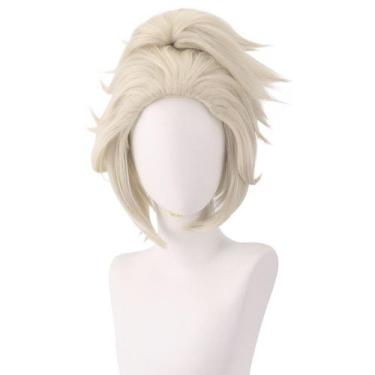 Imagem de Peruca de cosplay curta branca com rabo de cavalo espetado de 32 cm pa