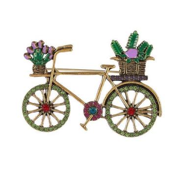 Imagem de Broche de bicicleta verde vintage com design de cesta de flores - yiwe