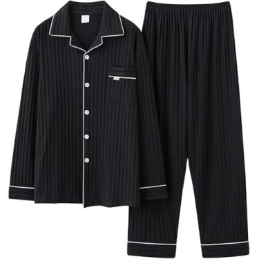 Imagem de Pijama masculino define algodão de manga comprida, manga longa de tecido de tecido de botão com roupão de banho e calça superior de 3, preto 2, xl
