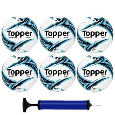 Imagem de Kit Futebol 6 Bolas Society Topper Slick + 1 Bomba de Ar, Azul