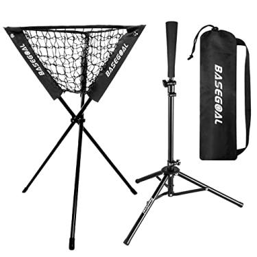 Imagem de BaseGoal Suporte de beisebol, suporte de bola, cesta de beisebol com camiseta de rebatida e parte superior de reposição para treinamento de arremesso de beisebol softball, portátil e dobrável (suporte + camiseta)