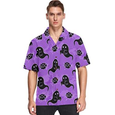 Imagem de Camisas havaianas masculinas manga curta Aloha Beach Shirt Funny Ghost Purple Floral Verão Casual Camisas de Botão, Multicolorido, G